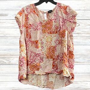 Jones Co Blouse Womens 2X White Pink  Short Sleeve Scoop Neck Keyhole Back Open